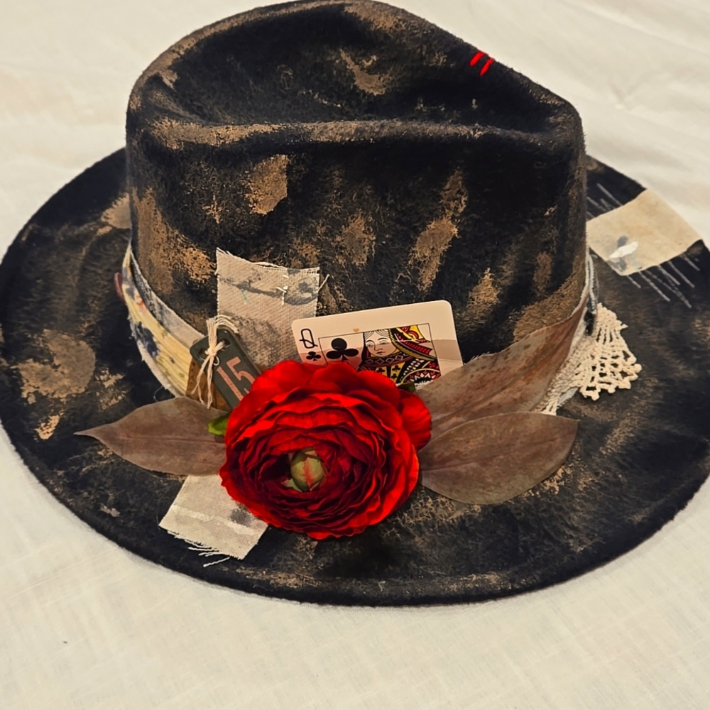 Handcrafted Upcycled distressed felt fedora hat